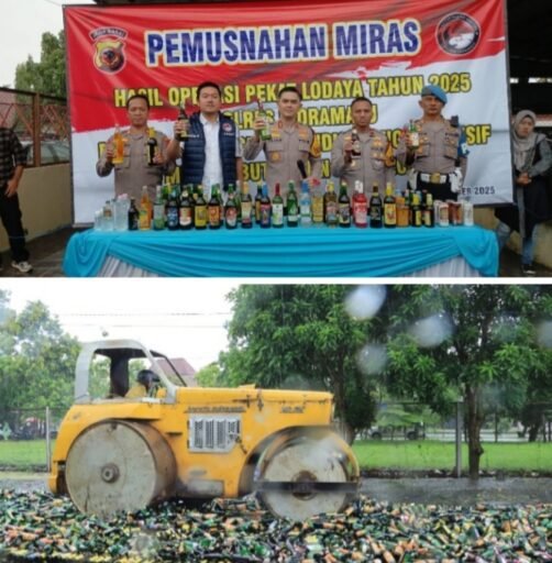 /2025/12/31/Jelang Tahun Baru 2026, Ribuan Botol Miras Hasil Operasi Pekat Digilas di Mapolres Indramayu