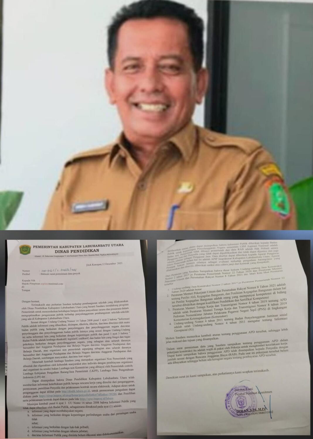 “PPK Dinas Pendidikan Labura Irwan, S.Pd, M.Pd Balas Surat Media aspirasinasional.com Terkait RAB”