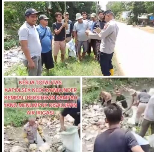 Peduli Lingkungan Polsek Kedokan Bunder Turun Langsung Bersihkan sampah Di Saluran Irigasi Desa Kaplongan