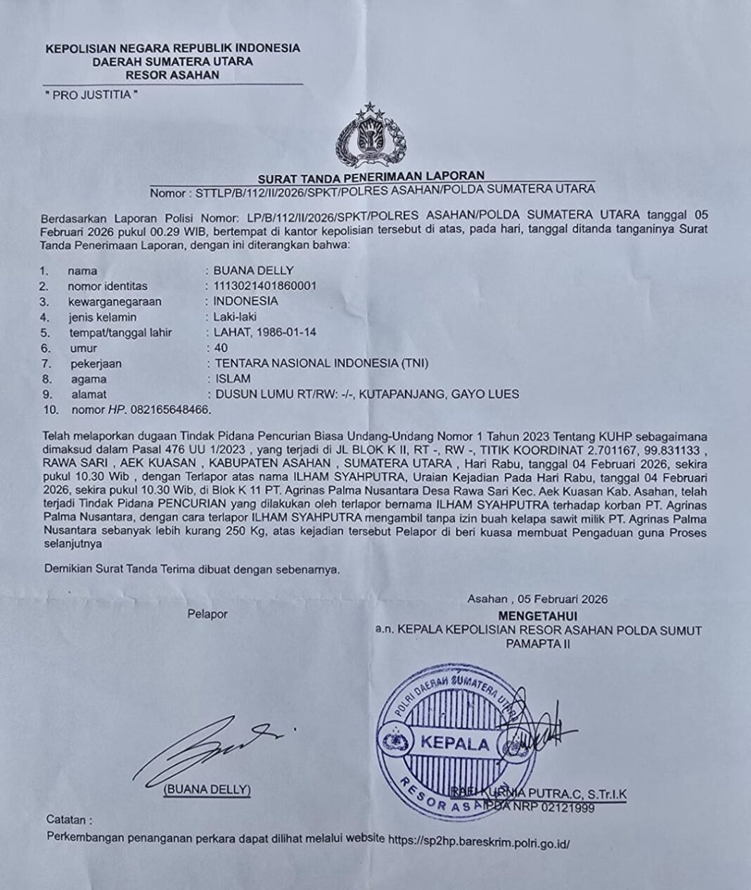 “Ketangkap Tangan Diduga Mencuri Buah Kelapa Sawit Milik PT. APN, MIS Di Tahan Polres Asahan”