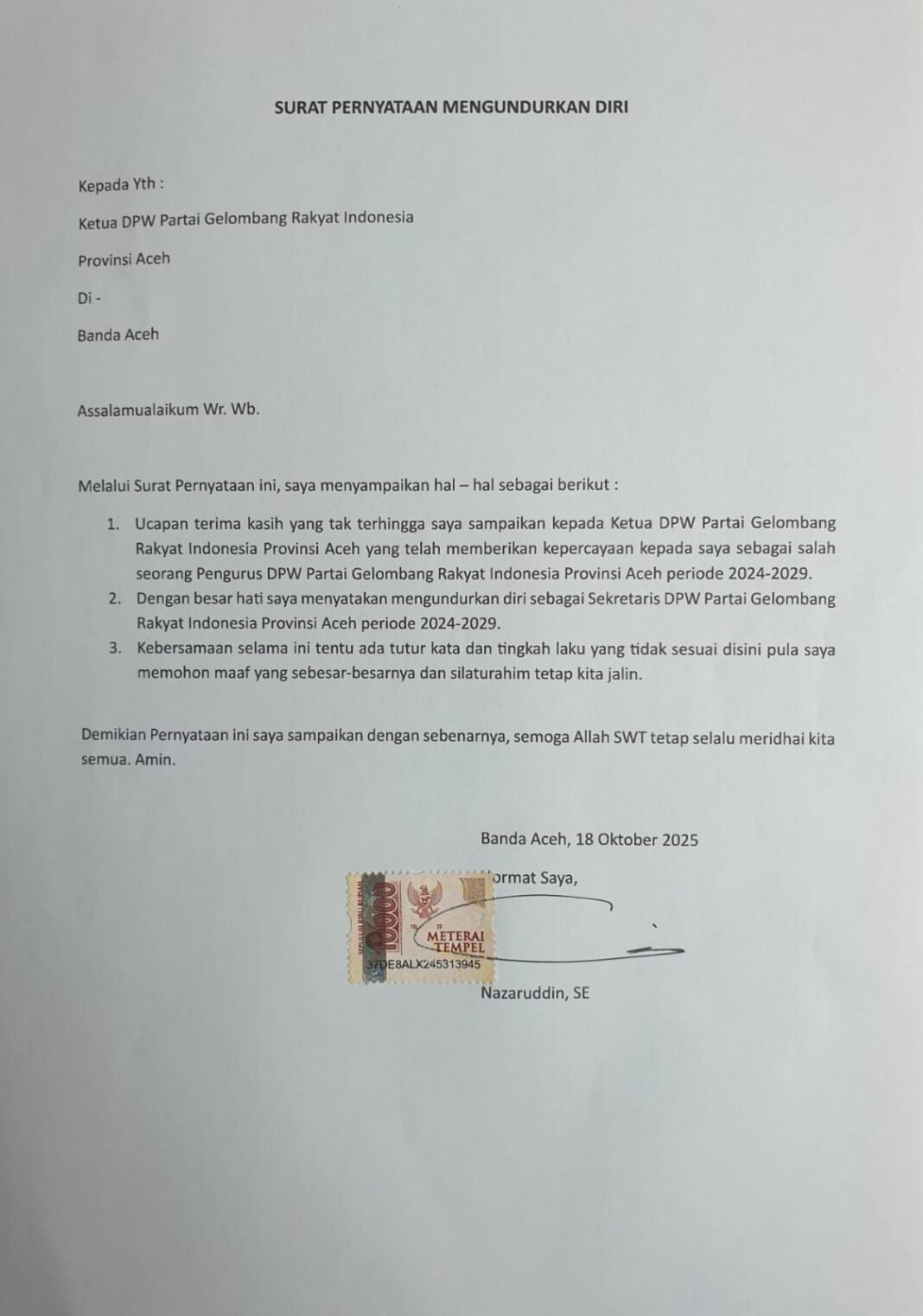 DPW Partai Gelora Indonesia Aceh Resmi Umumkan Pergantian Sekretaris: | Kompas.sbs.-News