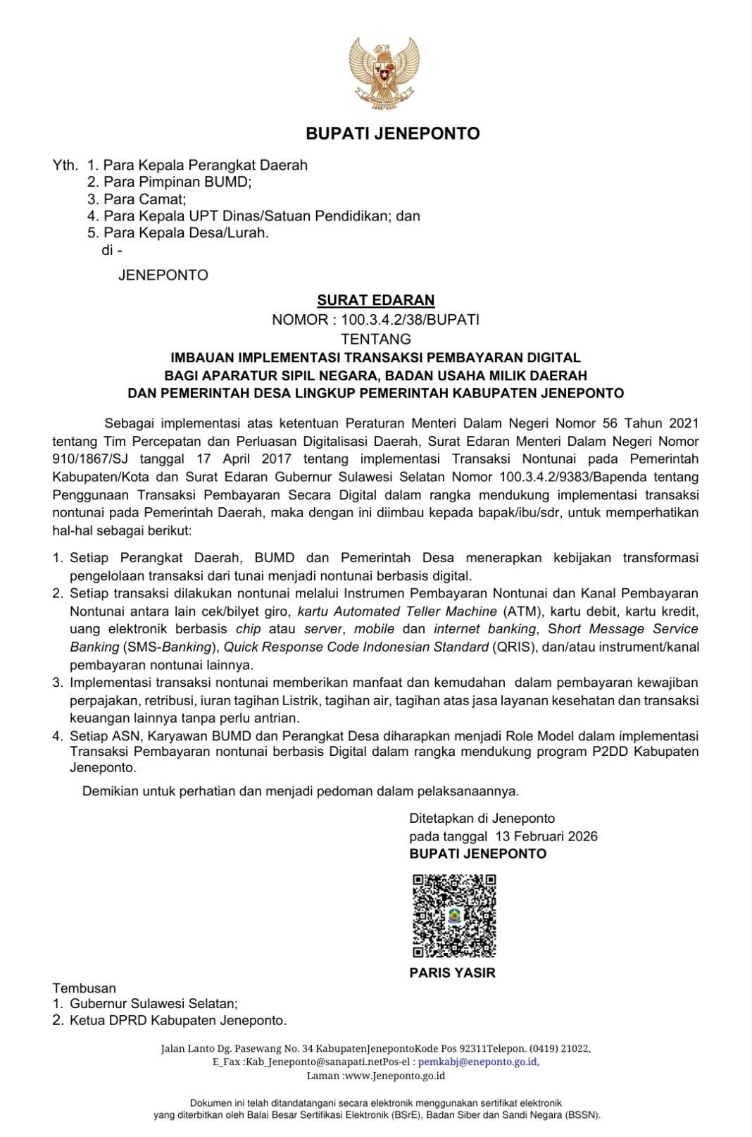Bupati Jeneponto Terbitkan Surat Edaran, Dorong Implementasi Transaksi Pembayaran Digital di Lingkup Pemda Bupati Jeneponto Terbitkan Surat Edaran, Dorong Implementasi Transaksi Pembayaran Digital di Lingkup Pemda