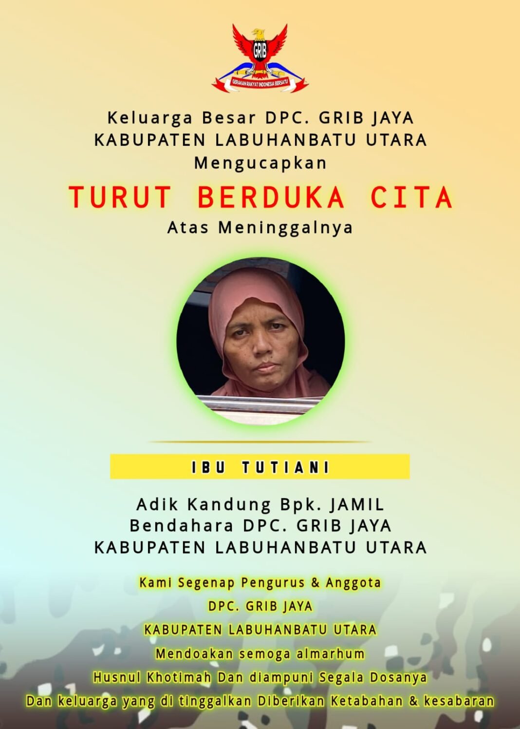 “Innalilahi wa innailihi roji’un: Ibu Tutiani, Adik Bendahara DPC GRIB JAYA LABURA, Meninggal Dunia”
