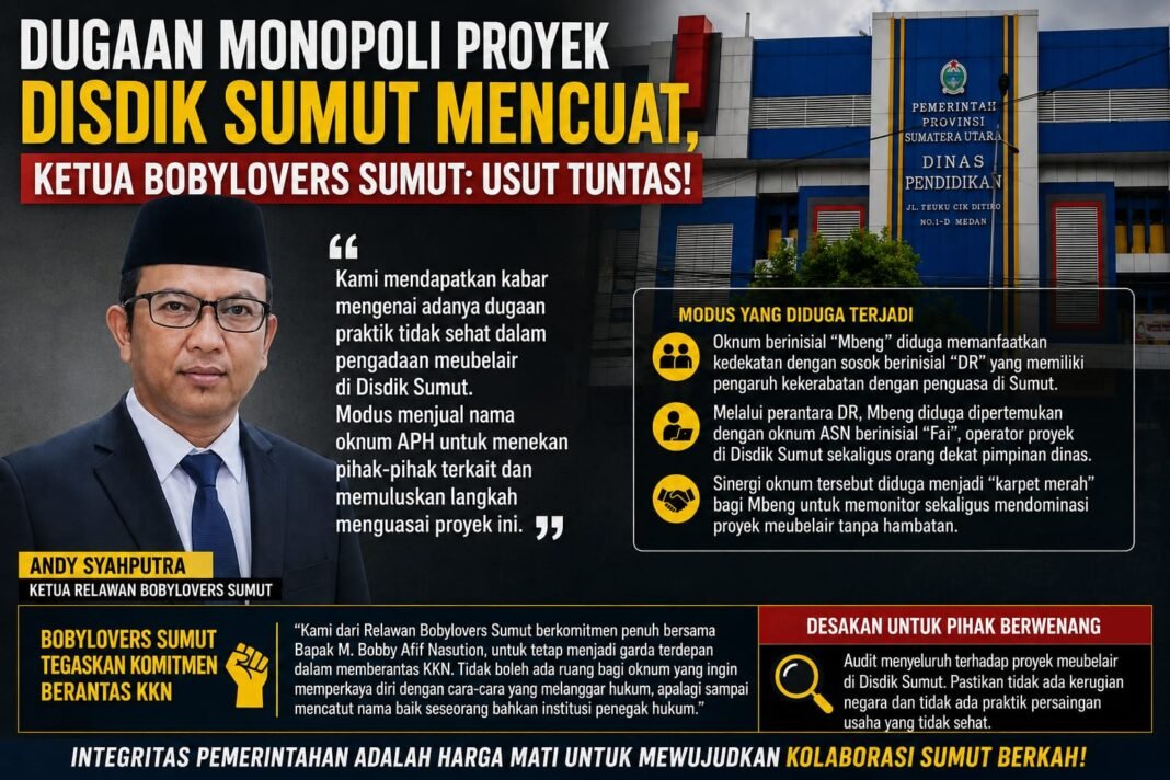 Dugaan Monopoli Proyek Disdik Sumut Mencuat, Ketua Bobbylovers Sumut : Usut Tuntas! Dugaan Monopoli Proyek Disdik Sumut Mencuat, Ketua Bobbylovers Sumut : Usut Tuntas!