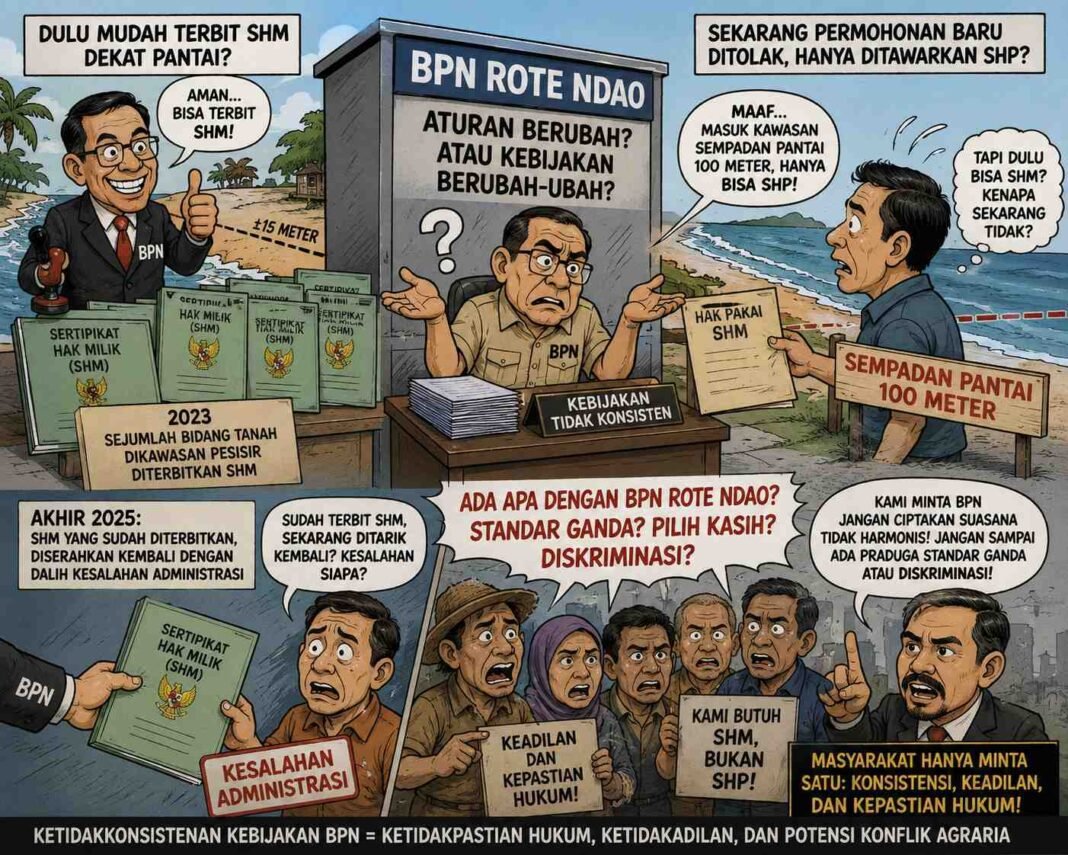 SHM Dicabut, Permohonan Baru Ditolak: BPN Rote Ndao Dituding Terapkan Standar Ganda di Kawasan Pesisir SHM Dicabut, Permohonan Baru Ditolak: BPN Rote Ndao Dituding Terapkan Standar Ganda di Kawasan Pesisir