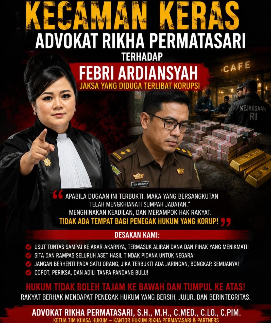 JIKA PENEGAK HUKUM MENJADI PELAKU KORUPSI, MAKA YANG DIHANCURKAN BUKAN HANYA KEUANGAN NEGARA TETAPI KEADILAN. JIKA PENEGAK HUKUM MENJADI PELAKU KORUPSI, MAKA YANG DIHANCURKAN BUKAN HANYA KEUANGAN NEGARA TETAPI KEADILAN.
