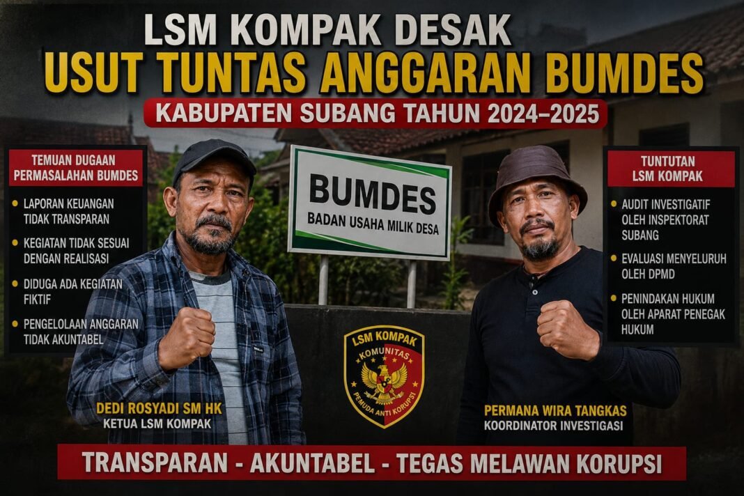 LSM Kompak Subang Desak Usut Tuntas Anggaran BUMDES Kabupaten Subang Tahun 2024-2025 LSM Kompak Subang Desak Usut Tuntas Anggaran BUMDES Kabupaten Subang Tahun 2024-2025