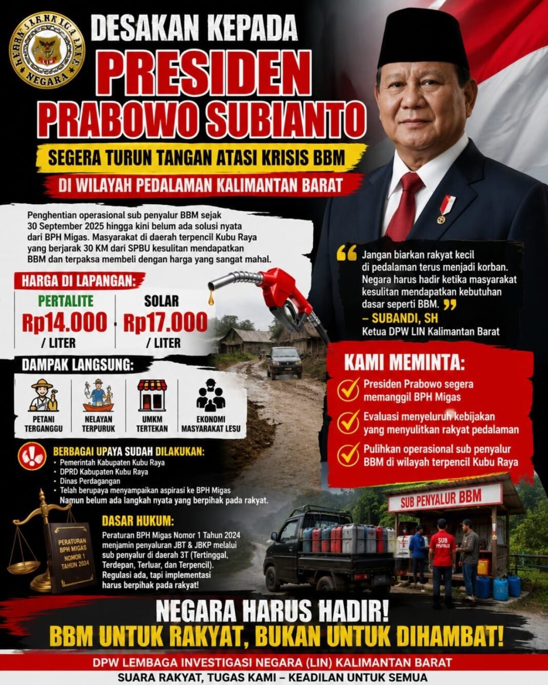 DPW LIN Kalbar Desak Pemerintah Kembalikan Operasional Sub Penyalur BBM DPW LIN Kalbar Desak Pemerintah Kembalikan Operasional Sub Penyalur BBM