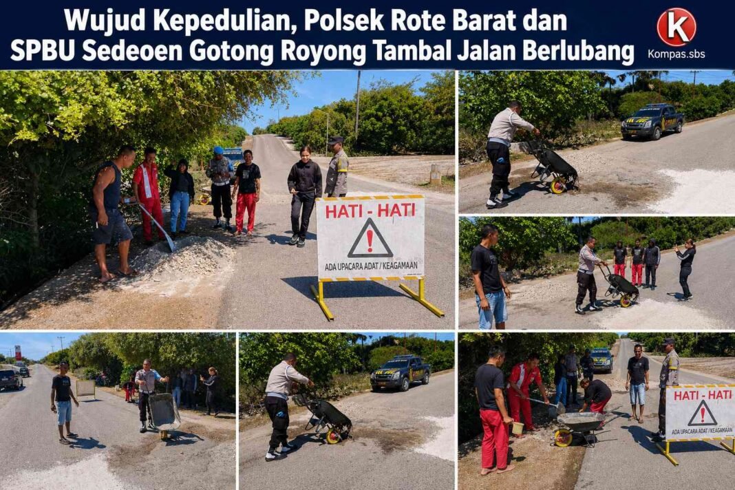 Wujud Kepedulian, Polsek Rote Barat dan SPBU Sedeoen Gotong Royong Tambal Jalan Berlubang Wujud Kepedulian, Polsek Rote Barat dan SPBU Sedeoen Gotong Royong Tambal Jalan Berlubang