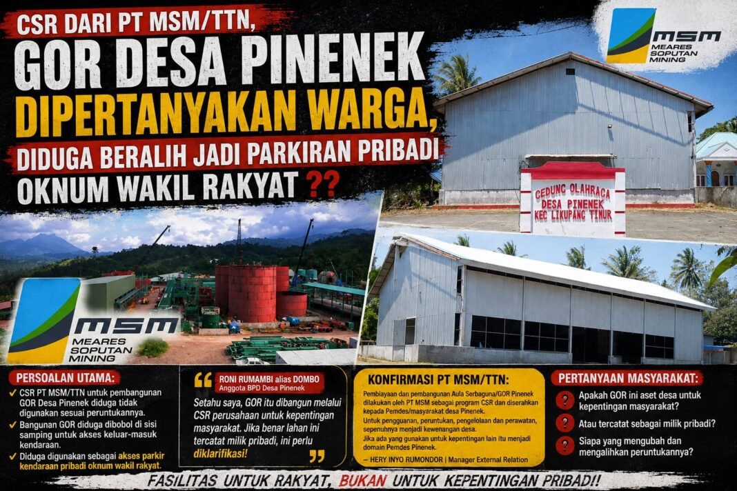 CSR PT MSM/TTN, GOR Desa Pinenek Dipertanyakan Warga, Diduga Jadi Parkiran Pribadi Eks Kumtua CSR PT MSM/TTN, GOR Desa Pinenek Dipertanyakan Warga, Diduga Jadi Parkiran Pribadi Eks Kumtua