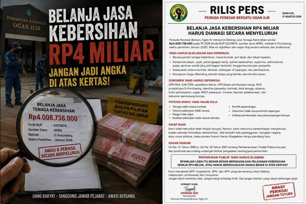 BELANJA JASA KEBERSIHAN RP4 MILIAR: JANGAN BERHENTI PADA ADMINISTRASI BELANJA JASA KEBERSIHAN RP4 MILIAR: JANGAN BERHENTI PADA ADMINISTRASI
