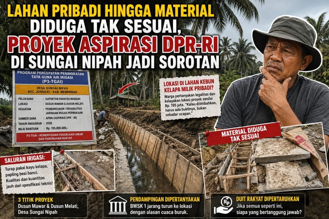 Lahan Pribadi hingga Material Diduga Tak Sesuai, Proyek Aspirasi DPR-RI di Sungai Nipah Jadi Sorotan Lahan Pribadi hingga Material Diduga Tak Sesuai, Proyek Aspirasi DPR-RI di Sungai Nipah Jadi Sorotan