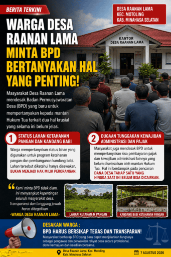 Warga Raanan Lama Desak BPD Baru Usut Status Lahan Ketahanan Pangan dan Tunggakan Administrasi Warga Raanan Lama Desak BPD Baru Usut Status Lahan Ketahanan Pangan dan Tunggakan Administrasi