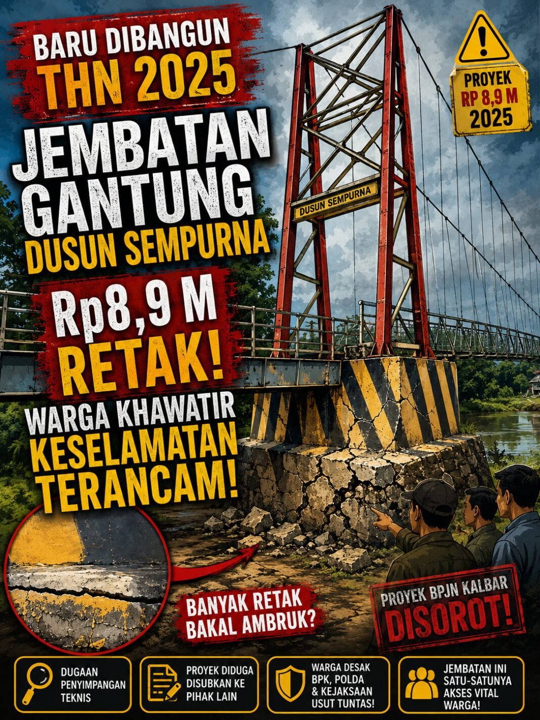 Baru Dibangun Thn 2025, Jembatan Gantung Dusun Sempurna Rp8,9 M Retak, Warga Khawatir Keselamatan Terancam Baru Dibangun Thn 2025, Jembatan Gantung Dusun Sempurna Rp8,9 M Retak, Warga Khawatir Keselamatan Terancam