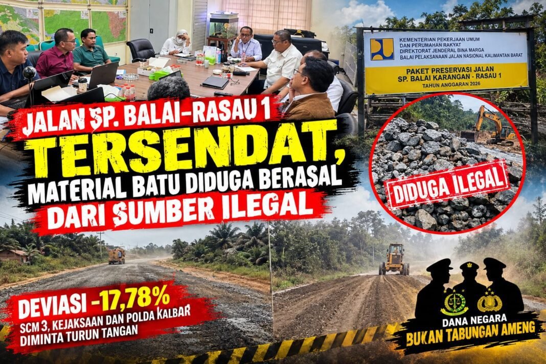 Jalan Sp. Balai–Rasau 1 Tersendat, Material Batu Diduga Berasal dari Sumber Ilegal Jalan Sp. Balai–Rasau 1 Tersendat, Material Batu Diduga Berasal dari Sumber Ilegal
