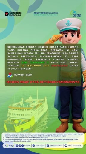 Cuaca Buruk, ASDP Kupang Batalkan Pelayaran KMP Cakalang II Rute Kupang – Sabu Hari Ini Cuaca Buruk, ASDP Kupang Batalkan Pelayaran KMP Cakalang II Rute Kupang – Sabu Hari Ini