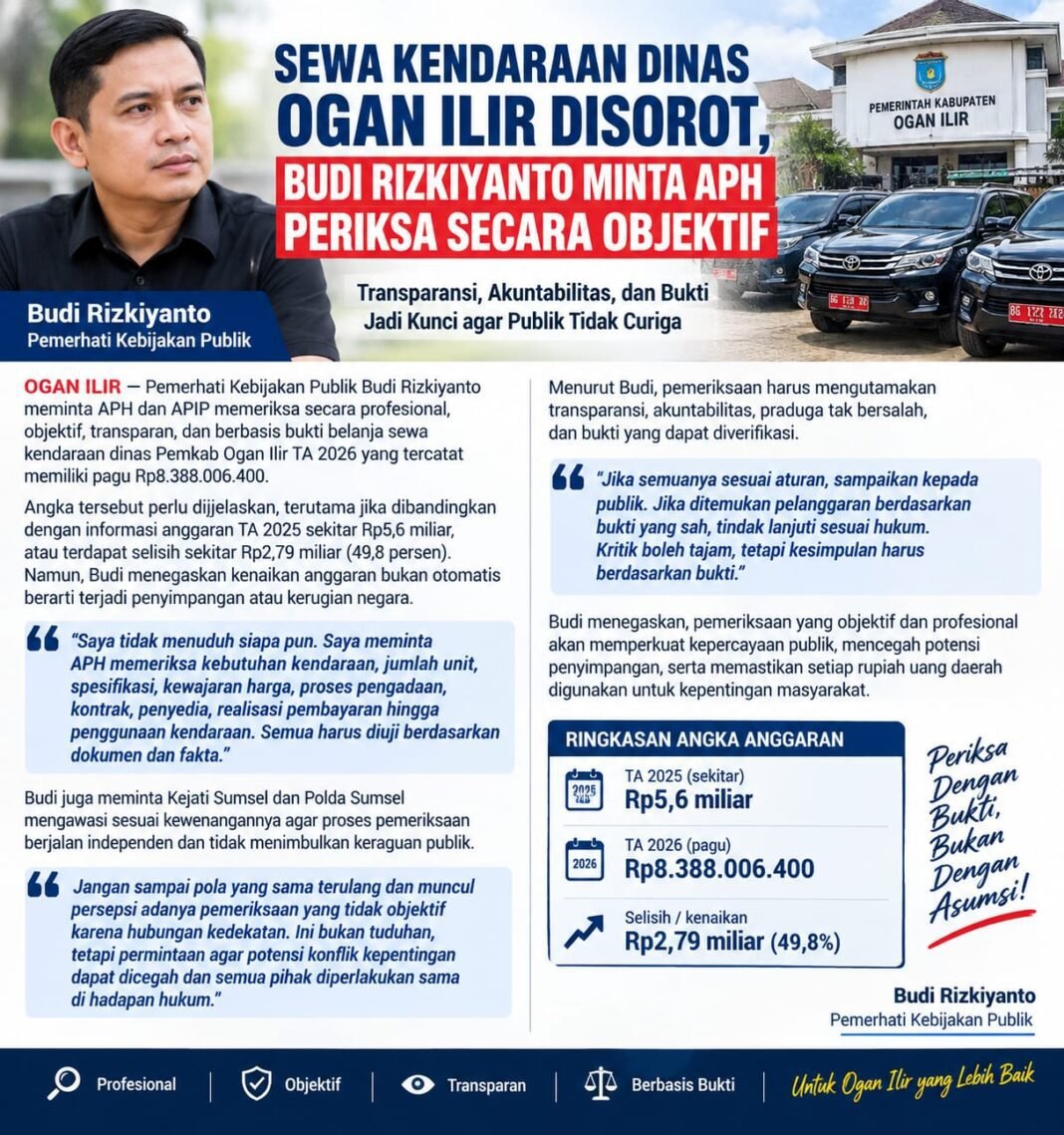 SEWA KENDARAAN DINAS OGAN ILIR DISOROT, BUDI RIZKIYANTO MINTA APH PERIKSA SECARA OBJEKTIF SEWA KENDARAAN DINAS OGAN ILIR DISOROT, BUDI RIZKIYANTO MINTA APH PERIKSA SECARA OBJEKTIF