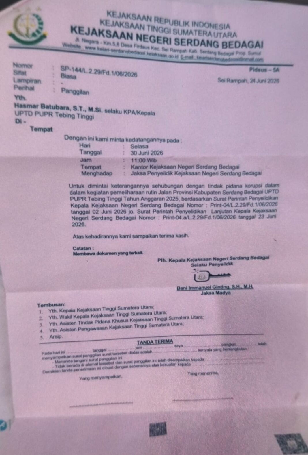 Surat Pemanggilan Kejari Sergai Beredar, Kepala UPTD PUPR Tebing Tinggi Dimintai Keterangan Dugaan Korupsi Surat Pemanggilan Kejari Sergai Beredar, Kepala UPTD PUPR Tebing Tinggi Dimintai Keterangan Dugaan Korupsi
