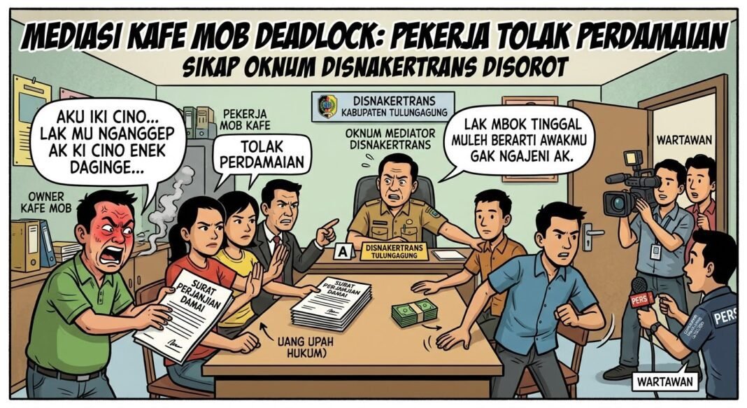 Mediasi Kasus Kafe MOB Deadlock: Pekerja Tolak Perdamaian, Sikap Oknum Disnakertrans Tulungagung Disorot Mediasi Kasus Kafe MOB Deadlock: Pekerja Tolak Perdamaian, Sikap Oknum Disnakertrans Tulungagung Disorot