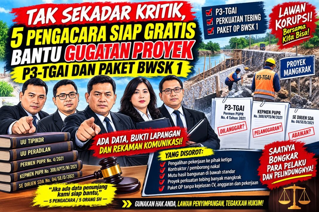 Tak Sekadar Kritik, 5 Pengacara Siap Gratis Bantu Gugatan Proyek P3-TGAI dan Paket BWSK 1 Tak Sekadar Kritik, 5 Pengacara Siap Gratis Bantu Gugatan Proyek P3-TGAI dan Paket BWSK 1